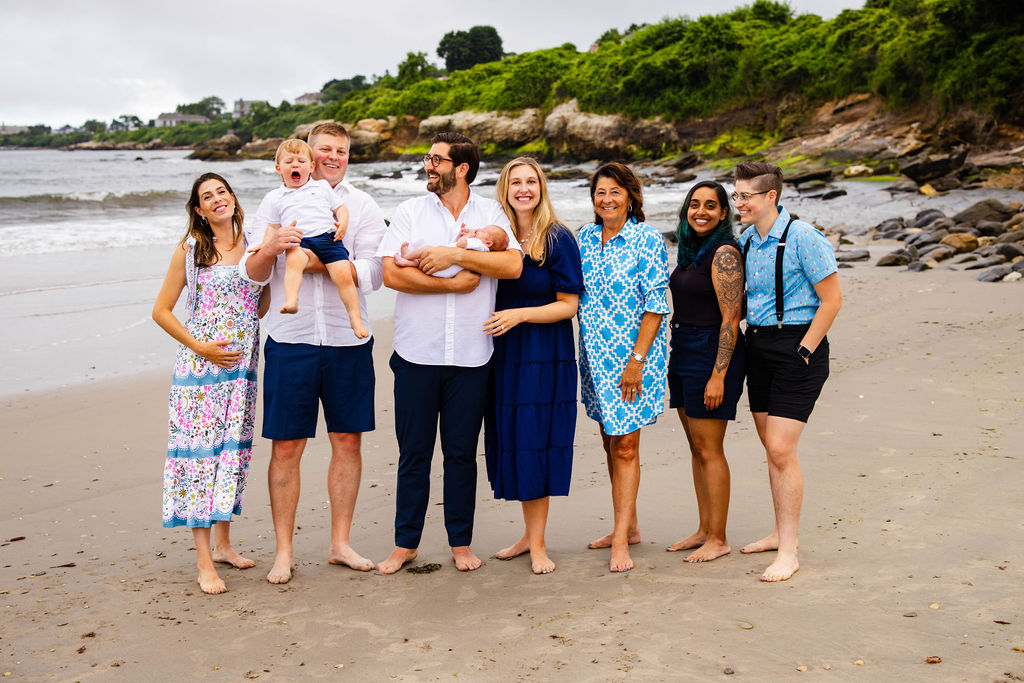Extended family posing at Bonnet Shores Beach Club for family portrait in Narragansett, RI