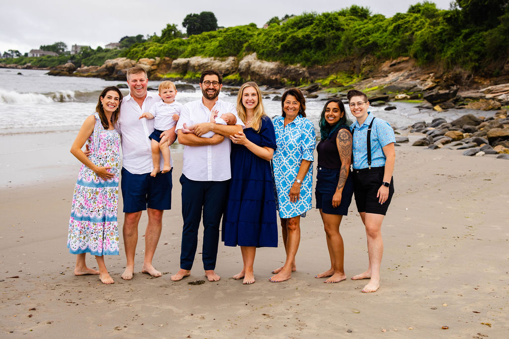 Extended family posing at Bonnet Shores Beach Club for family portrait in Narragansett, RI