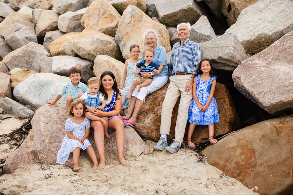 Grandparents and grandkids at extended family session on the beach in Westerly, RI